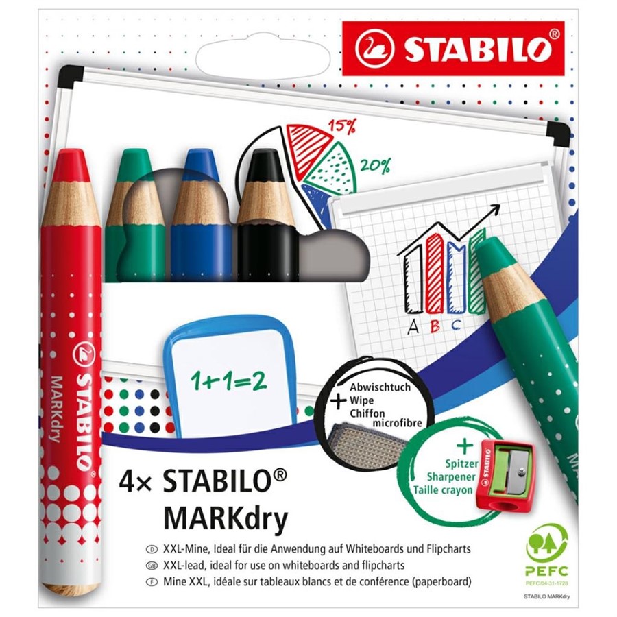 STABILO MARKDRY ASTUCCIO DA 4 PZ + PANNO E TEMPERINO